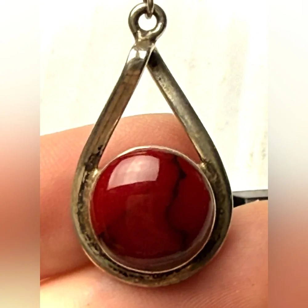 Vintage Sterling Silver 925‎ Red Cabochon Gemstone Dangle Earrings Blood Jasper